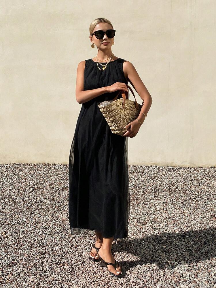 Women's Round Neck Sleeveless Mesh Patchwork Elegant Casual Dress Sundress Summer