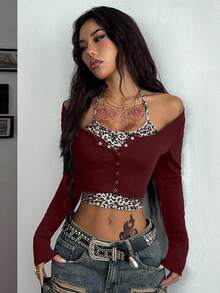 Coolane 女士基本款系带吊带露脐假两件式T恤 - 酒紅色 - 查看 5