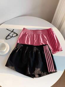 SHEIN EZwear 2条装女士弹力腰带条纹宽松休闲运动短裤，适合日常街头穿搭，夏季百搭 - 彩色 - 查看 8