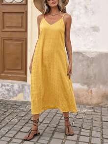 Brillora Vacation Solid Color Woven Spaghetti Strap Textured Midi Dress ,Summer Dress - Yellow - View 6