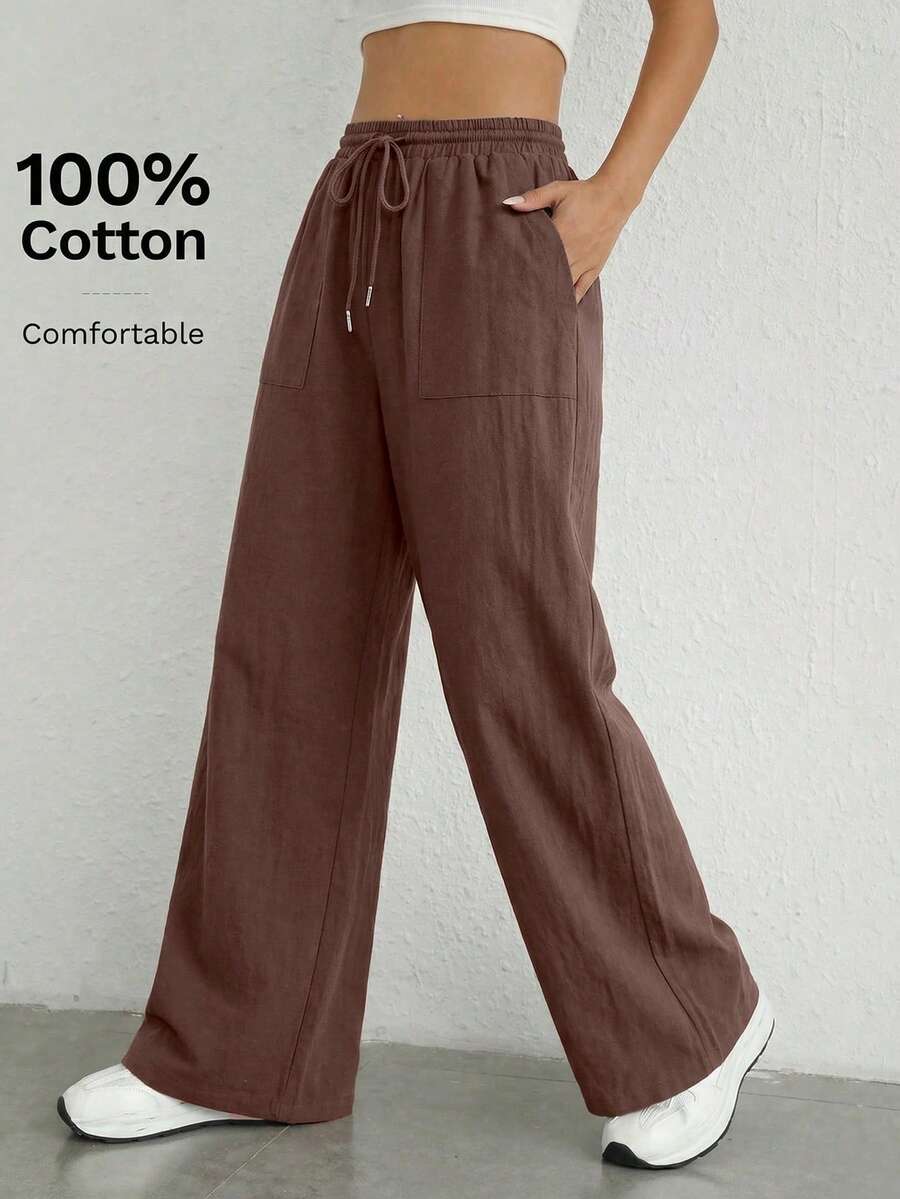 SHEIN EZwear Quần ống rộng dệt kim dáng thường ngày dành cho nữ, thích hợp cho mùa xuân/hè. - màu nâu - Xem 1