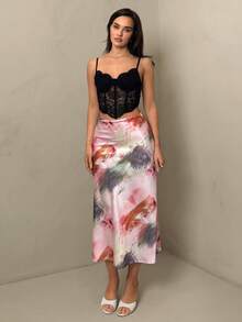 Femesol 女士优雅缎面半身裙，百搭鱼尾裙摆，彩色印花图案，适合日常穿着 - 粉色 - 查看 4