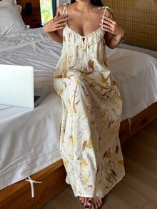 DAZY Vacation Style Abstract Graffiti Print Lace Trim Spaghetti Strap Long Women Nightgown - Apricot - View 8