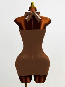 Mistrie Ladies' New Sexy Sleeveless Neckline Halter Top Cheongsam, With Backless Design, Sexy Girl Night Club Style, Sleeveless, Back-Opening, Slit Opening, Short Skirt, High-Waisted, Curvaceous Waist, Tight-Fitting Dress - Brown - View 2