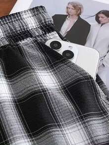 Franclia 女士休闲百搭冰丝格纹阔腿裤，法式宽松直筒裤，夏季 - 黑色 - 查看 4