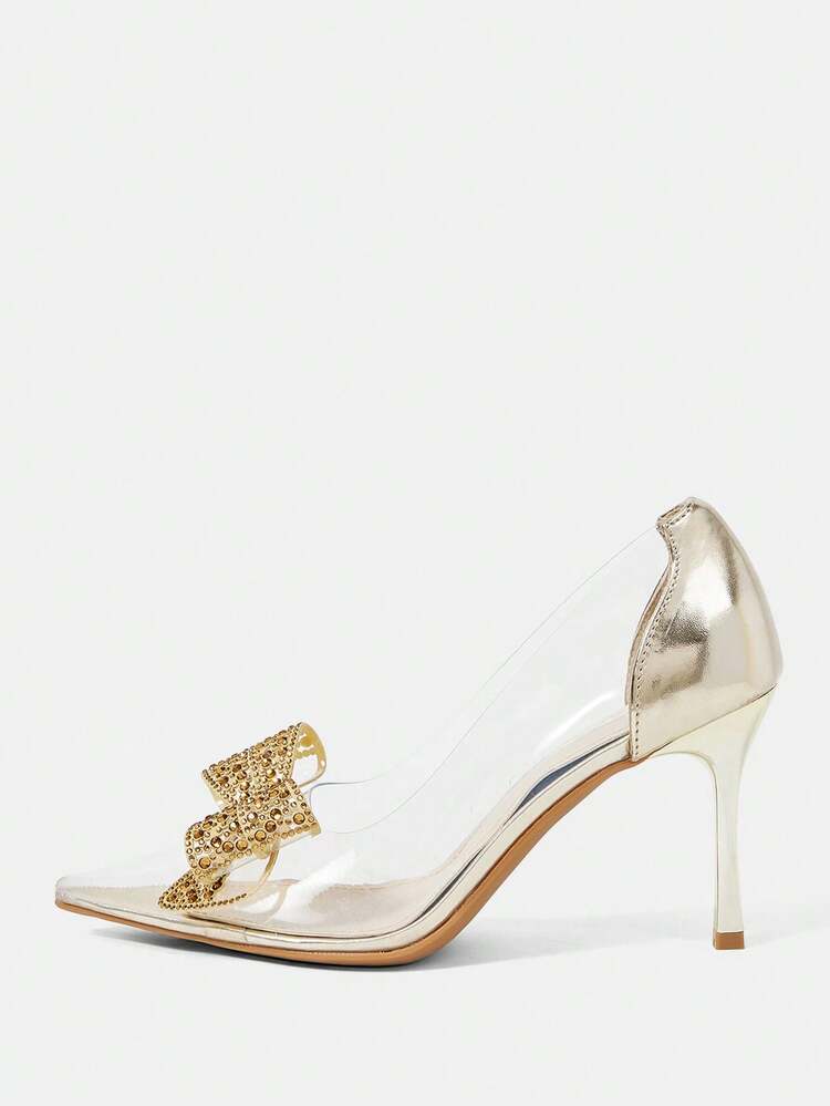 CUCCOO HITCHD Women's Fashionable & Elegant Commuting Rhinestone Bow Decor Pointed Toe Pumps Summer Shoes Wedding Shoes Bride Shoes