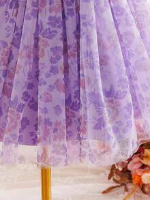 SHEIN Glamorique Kids Glamorique 青少女派對 & 花童婚禮禮服，短袖 V 背蝴蝶結花卉甜美優雅蓬蓬公主長裙 復活節 - 淡紫色 - 查看 6