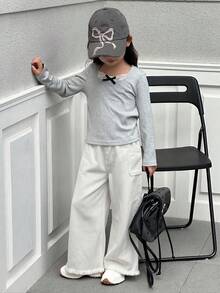 DAZY Young Girl Elastic Waist Pocket Design Casual Loose Wide Leg Jeans - White - View 5