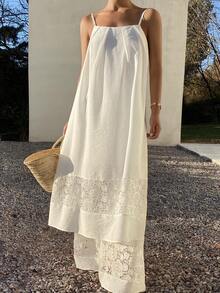 DAZY 2pcs Women Contrast Lace Camisole Dress And Pants Casual Vacation Outfit, Spring/Summer - White - View 1