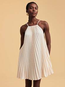Travachic Elegant White Polka Dot Summer Mini Dress,Heavy-Duty Pleated A-Line Vacation Outfits For Women,Boho Chic Holiday Beach Sun Dress,Old Money Style - Apricot - View 6