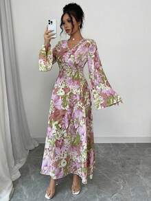 Al Najma 女士印花V领贴花长袖阿拉伯连衣裙 - 彩色 - 查看 5
