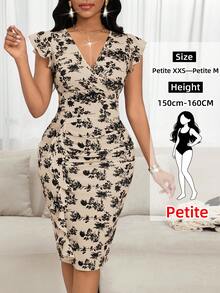 SHEIN Lady Petite 女士优雅印花修身中长连衣裙，夏季 - 卡其色 - 查看 1