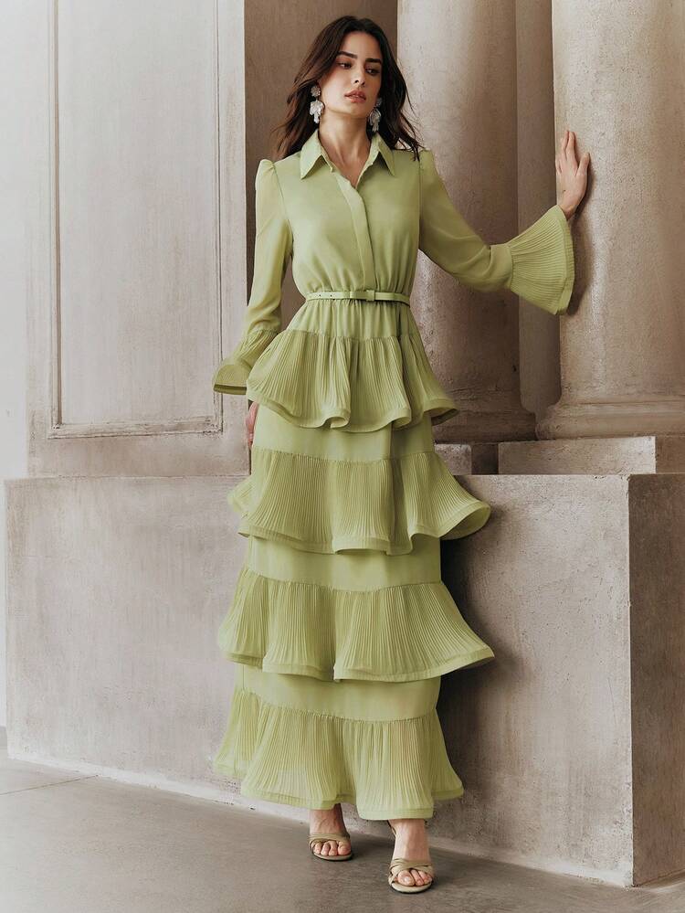 Women's Elegant Ruffle Sleeve Solid Color Belted Dress With Pleated Hem, Suitable For Party