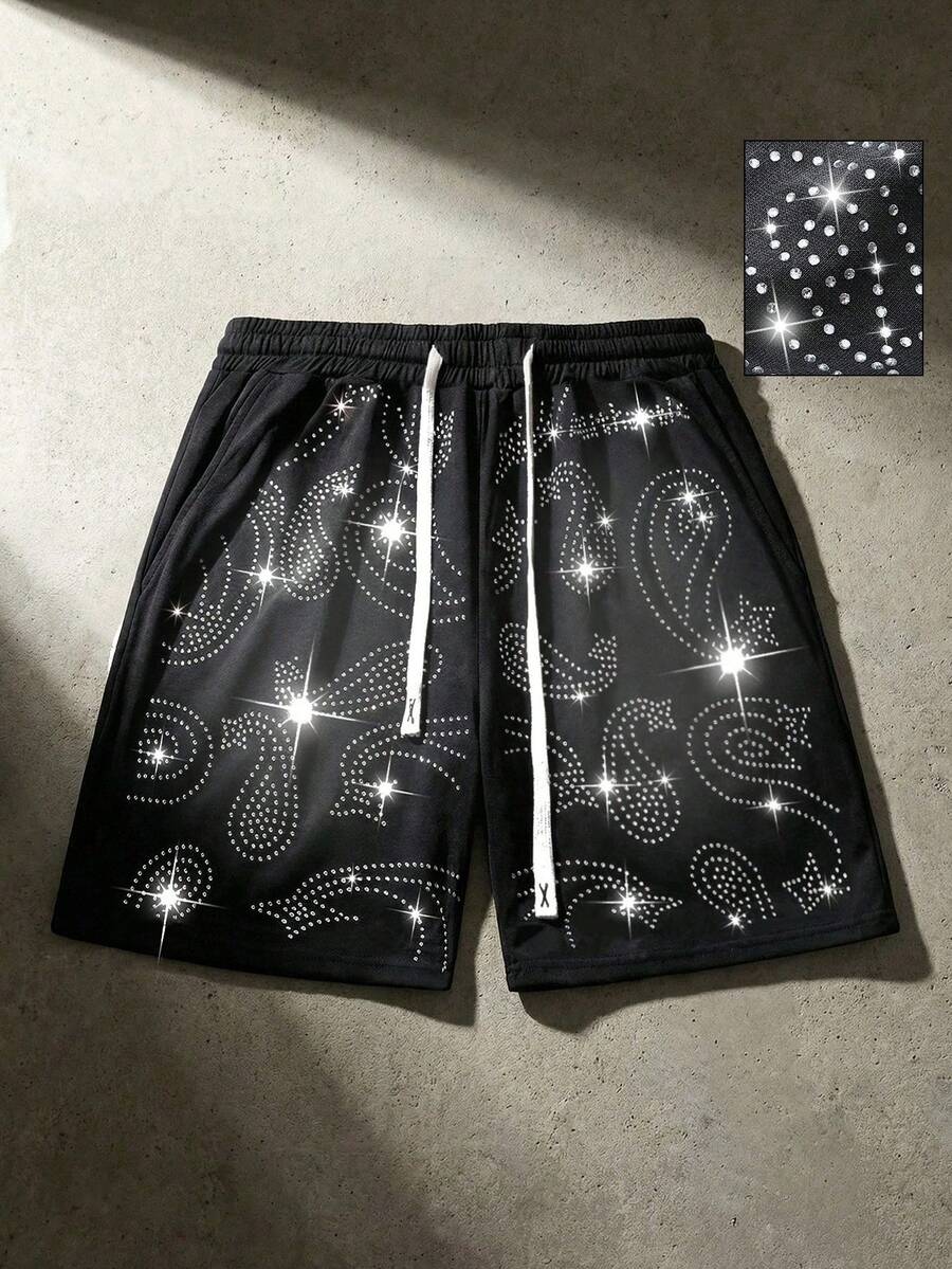 ROMWE MEN Street Life Men's Rhinestone Embellished Casual Shorts, Suitable For Spring/Summer - Black - View 1
