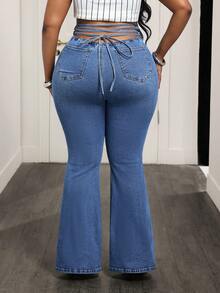 Slaydiva 大码时尚系带腰身修身喇叭牛仔裤，适合深秋穿着 - 中等水洗藍 - 查看 1