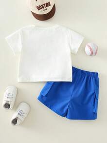 2pcs/Set Baby Boy Summer Cute Casual Knit Cartoon Rabbit Print Short Sleeve T-Shirt And Relaxed Shorts Set Baby Boy Summer Outfit Blue Shorts - Multicolor - View 3