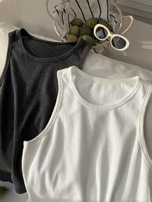 Comfortcana 2 piezas Camiseta de punto de cuello redondo sin mangas, unicolor negro y blanco, lavada y cómoda, talla grande, primavera/verano - Multicolor - Ver 7