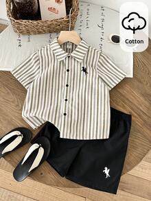 SHEIN 2pcs Young Boys Colorful Striped Polo Collar Short Sleeve Cardigan And Elastic Waist Shorts Set, Summer Clothes For School, Vacation, Spring - Multicolor - View 5