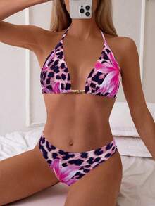 SHEIN Swim 2026 女士夏季沙滩豹纹花卉印花露背系带性感比基尼泳装套装 动物纹比基尼 动物纹泳衣 动物纹泳装 猎豹纹泳衣 女士两件式比基尼 - 彩色 - 查看 5
