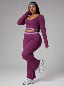 SHEIN Dewbera Women's Plus Size Contrast Color Fitted Breathable Raglan Long Sleeve Sports Set - Purple - View 4