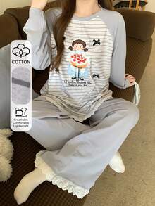 DAZY 2pcs Women Cartoon Girl Striped Splice Raglan Sleeve Lace Ruffle Trim Loose Long Sleeve T-Shirt And Pants Pajama Set - Blue - View 3
