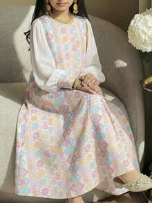 SHEIN 青少年女孩杏色 A 字版圓領長袖拼色喇叭裙 Abaya 女孩馬卡龍色洋裝 - 杏色 - 查看 4