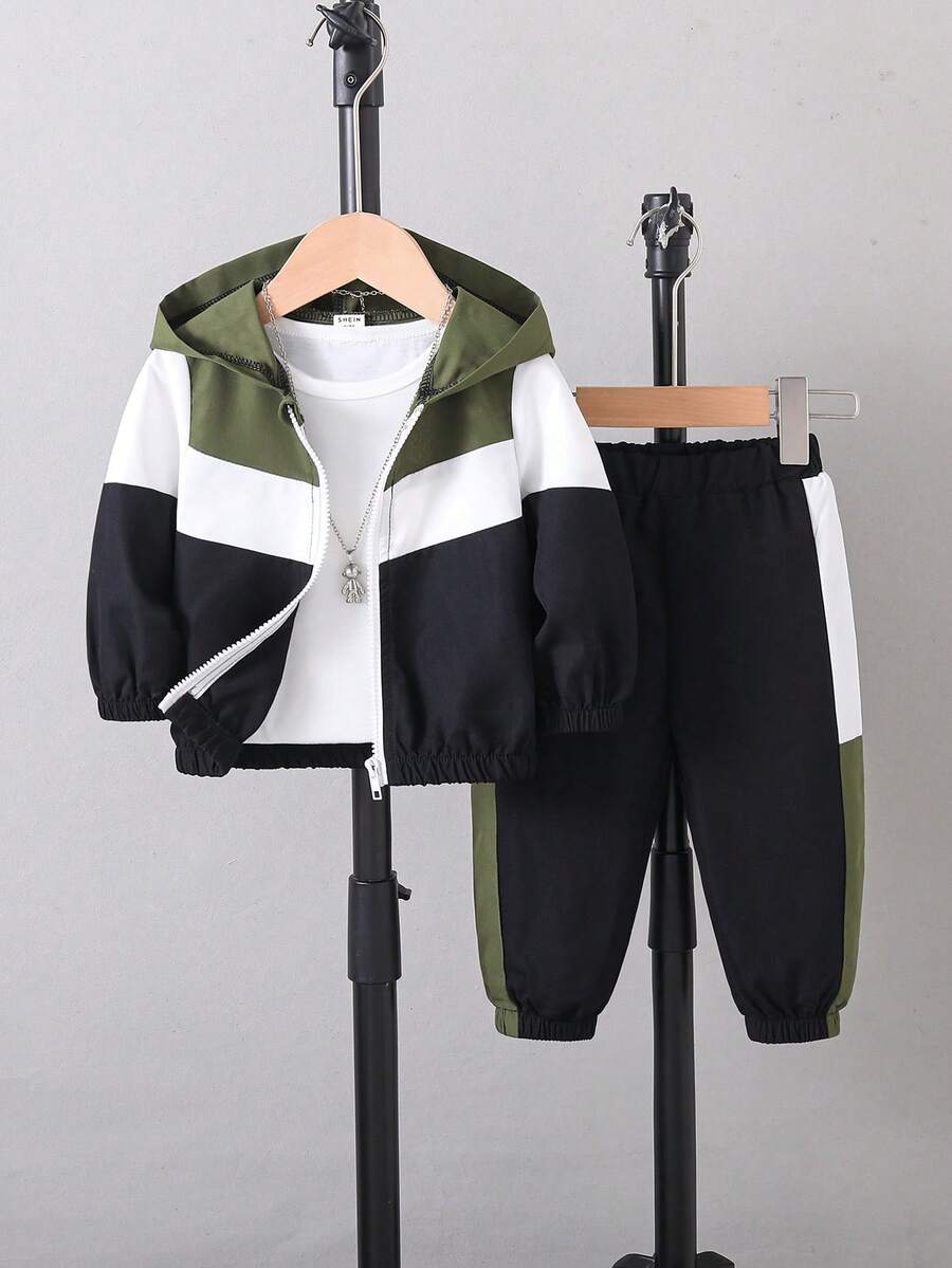 SHEIN Baby Boy Hooded Zip-Up Jacket With Matching Pants Casual Versatile Suitable For Outdoor And Indoor Wear Spring Autumn Track Suit Set Sweatshirt - Multicolor - View 1