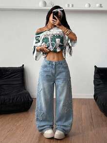 Coolane Quần jeans nữ phong cách thể thao năng động, bụi bặm, họa tiết ngôi sao, bạc màu, kiểu dáng rapper. - Rửa nhẹ - Xem 5