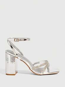 CUCCOO SZL Women's Square Toe Rhinestone Ankle Strap Sandals For Christmas - Silver - View 2