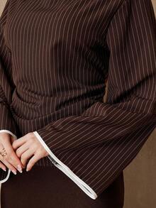 Graceveil 女士休闲度假通勤条纹印花荷叶边喇叭袖收腰衬衫，春秋季 - 彩色 - 查看 7