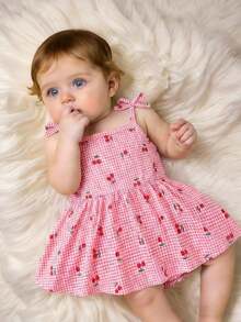 SHEIN Baby Girl Plaid Cherry Print Shoulder Bow Decor Jumpsuit - Pink - View 9