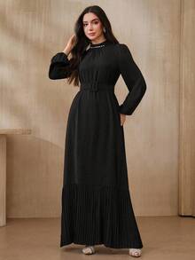 Graceveil Women's Elegant Crystal Decor Lantern Sleeve Dress,Autumn Black And Silver Rhinestone Mock Neck Cinched Waist Black Dress For Dining Blouses Tops - Black - View 2