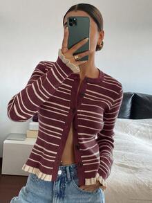 Livesso Women's Casual Striped Frill Trim Cardigan, Autumn/Winter - Burgundy - View 5