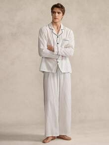 Men's Comfortable Casual Striped Button-Front Shirt And Pants Pajama Set, Autumn - Khaki - View 1