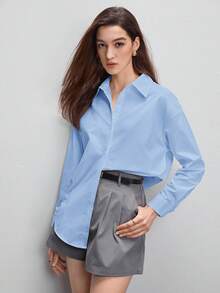 BizChic 蓝色翻领纽扣衬衫，百搭款式，适合办公、休闲、浪漫、90年代复古风、正式场合、毕业典礼、派对、婚礼、日常穿着。 - 藍色 - 查看 8
