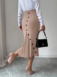 Elenzga Women's Elegant Fitted Pleated Pencil Skirt - Brown - View 8