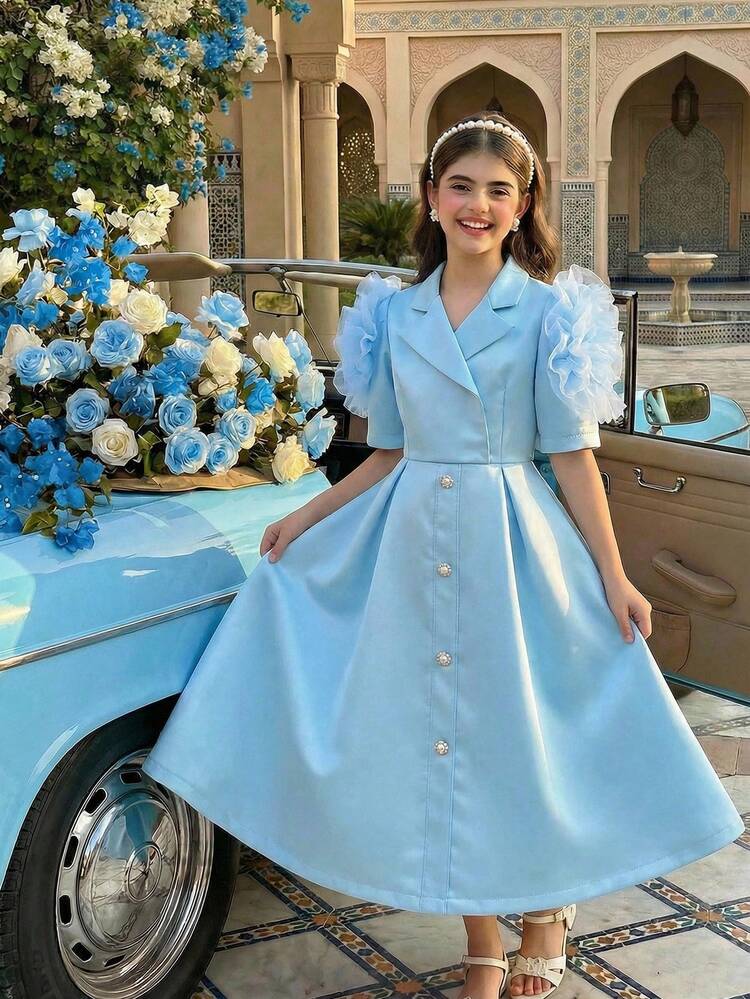 blue and white contrast dress Tween Girls' Elegant Light Mesh & Ruffle Trim Dress,Classy Teen Girls Autumn Wedding Guest Formal Dress,Spring Vintage Short Sleeves Daniella Faye Off The Chain: Dion Color:Off White*