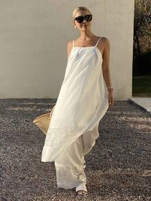 DAZY 2pcs Women Contrast Lace Camisole Dress And Pants Casual Vacation Outfit, Spring/Summer - White - View 5