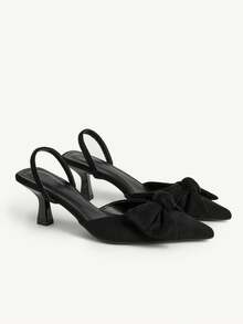 CUCCOO CHICEST Sapatos femininos Four Seasons com laço grande, bico fino e salto alto. Sexy e elegante, em tecido de lã. Sapatos de salto alto com tira, ideais para encontros, chás da tarde, festas, jantares e casamentos. - Veludo preto - Ver 2