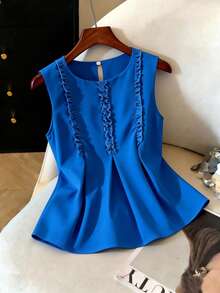 SHEIN LUNE Women's Elegant Casual Sexy Sleeveless Ruffle Trim Pastal Blouse, Summer Office Golf Designer Top Business For Ladies, Elegant Latest Top - Blue - View 1