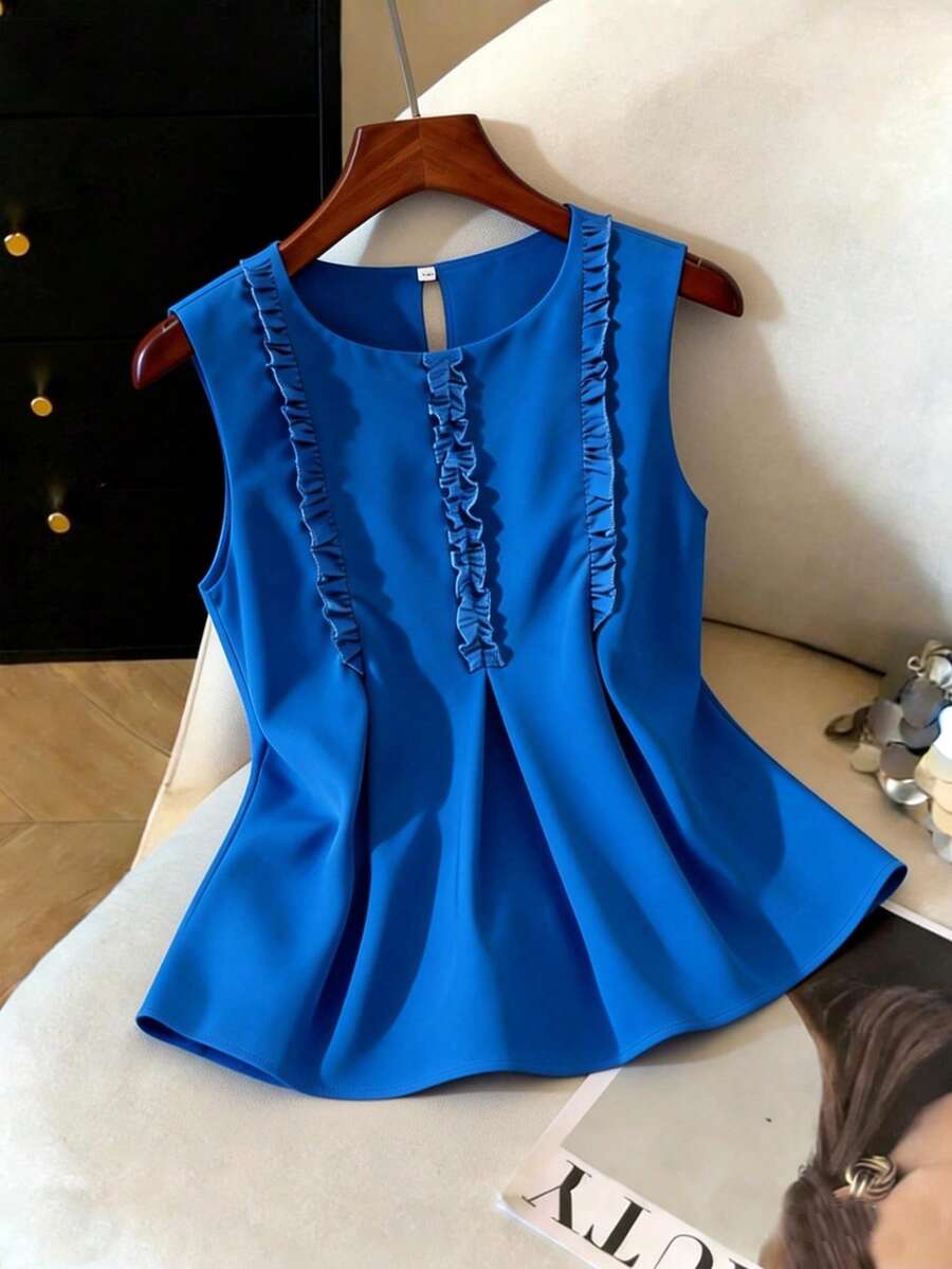 SHEIN LUNE Women's Elegant Casual Sexy Sleeveless Ruffle Trim Pastal Blouse, Summer Office Golf Designer Top Business For Ladies, Elegant Latest Top - Blue - View 1