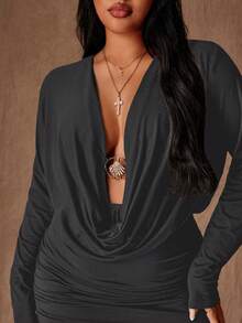 Rustia Sexy Plunging Neck Long Sleeve Stretchy Bodycon Plus Size Dress - Dark Grey - View 3
