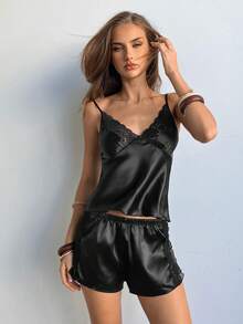 Aloruh Women's Style, Backless Design, Spring And Summer Collection, Black Color, Casual And Comfortable, Natural, Home Decoration, French Mesh Ruffle Decoration Satin, Lace Patchwork, Smooth Satin, Pajama Set - Black - View 6