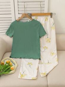 女童休闲纯色短袖T恤和数码樱花印花宽松长裤家居服套装，夏季 - 綠色 - 查看 2