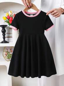SHEIN Young Girls Solid Color Contrast Fitted Crop Back Cutout Organza Bow Decor Short Sleeve Belted Mini Dress, Fashionable French Elegant, Back To School, Y2K, Sweet & Cool Lady Black And Pink Dress Bow Birthday Dress For Girls Black And Pink Girls Twirl Dress Kids Clothes With Bows Bow Dress For Girls,Kids - Pink - View 4