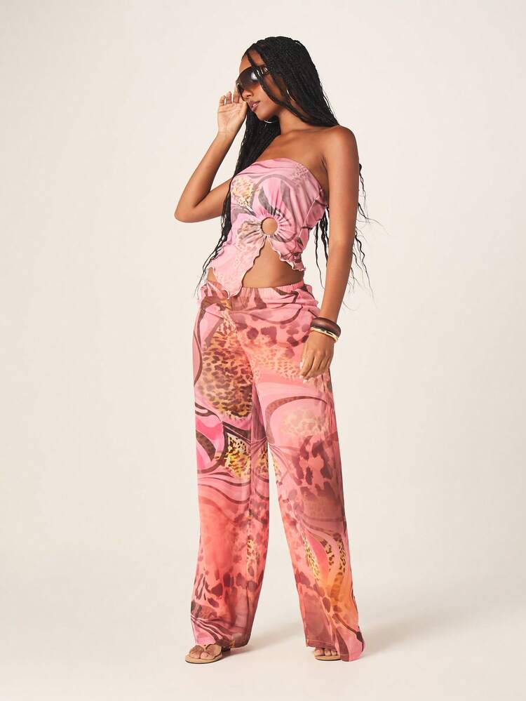 MISSGUIDED Wide Leg Beach Cover Up Pants Leopard Print Mixed Animal Pattern Flow Palazzo Style Summer Vacation Resort Wear Drawstring Waist Boho Chic Beachwear