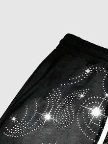 ROMWE MEN Street Life Men's Rhinestone Embellished Casual Shorts, Suitable For Spring/Summer - Black - View 7