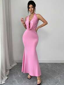 Modelyn Faux Pearl Decor Halter Neck Ruffle Back Tie Dress, Pink - Purple - View 8