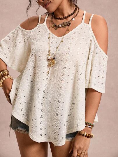 Freevana Plus Size Casual Solid Color Textured Off-Shoulder T-Shirt