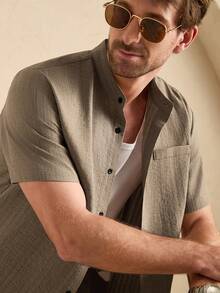 Core Aspect 男士休闲纯色短袖单排扣衬衫和抽绳腰裤套装 - 杏色 - 查看 4